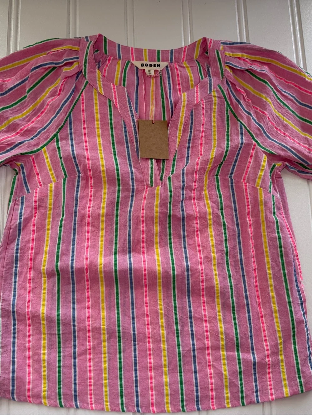 Boden Brooke Cotton Top Pink Striped Puff Sleeve Blouse US 2 NEW